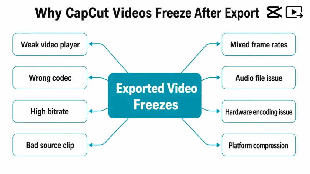 Infographic showing common reasons CapCut videos freeze after export, including codec issues, high bitrate, bad clips, mixed frame rates, hardware encoding, and platform compression.