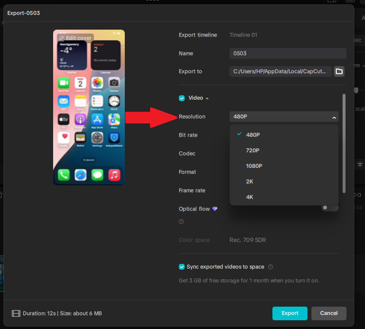 CapCut export resolution settings showing 480p, 720p, 1080p, 2K, and 4K options