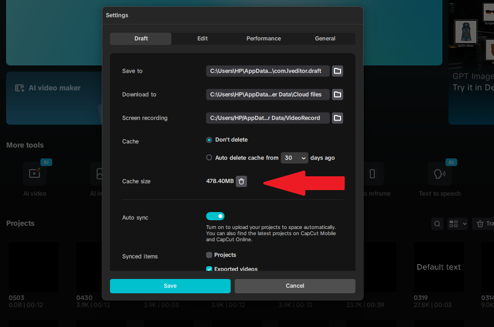 Clear Cach button on CapCut Desktop