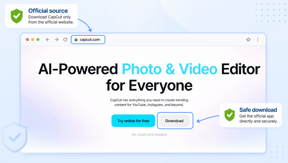 CapCut official website download page with the capcut.com address and Download button highlighted to show a safe official download source.