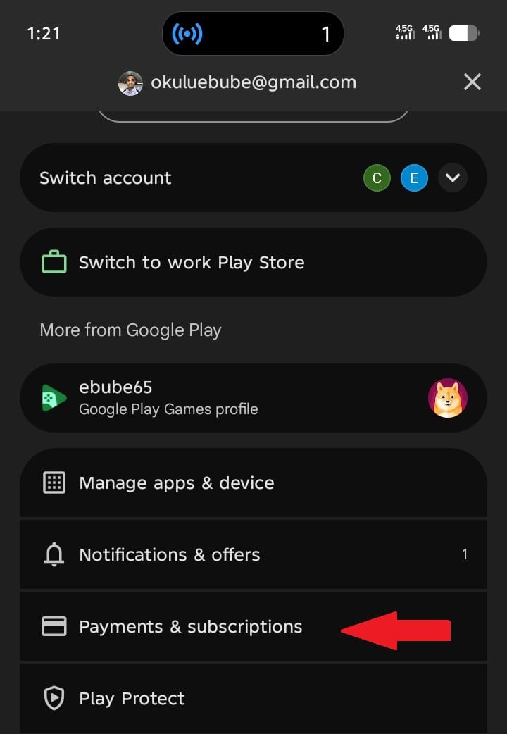Google Play menu showing the Payments and subscriptions option on Android