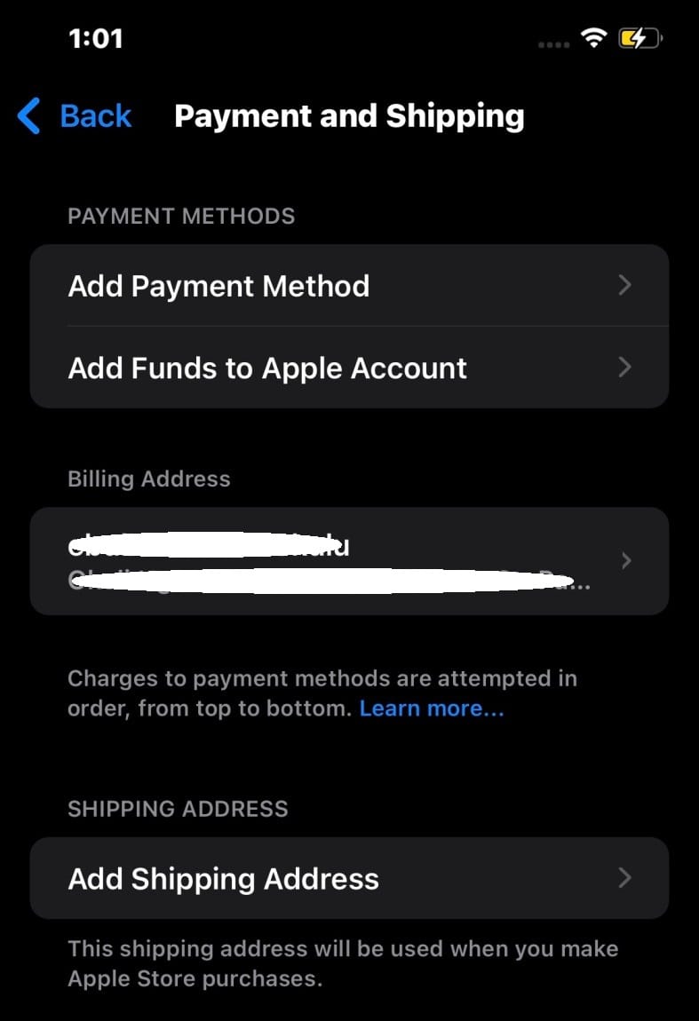 iPhone Payment and Shipping screen showing the Add Payment Method option