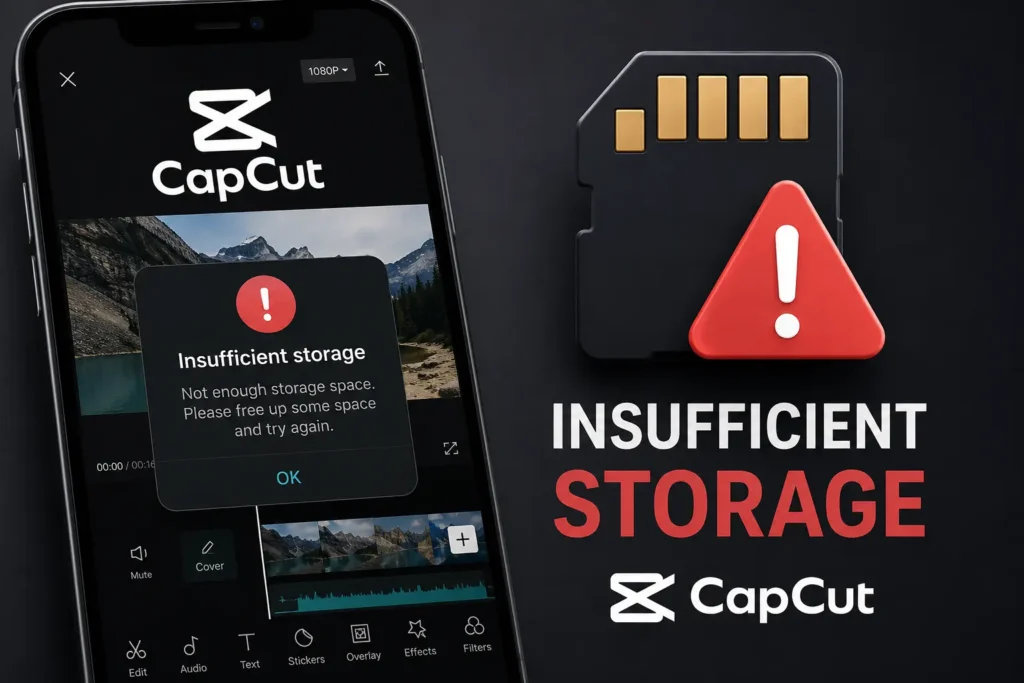 CapCut video editing app displayed on a smartphone with an "Insufficient Storage" warning message, alongside a memory card icon and red alert symbol indicating low device storage space preventing video editing or export.