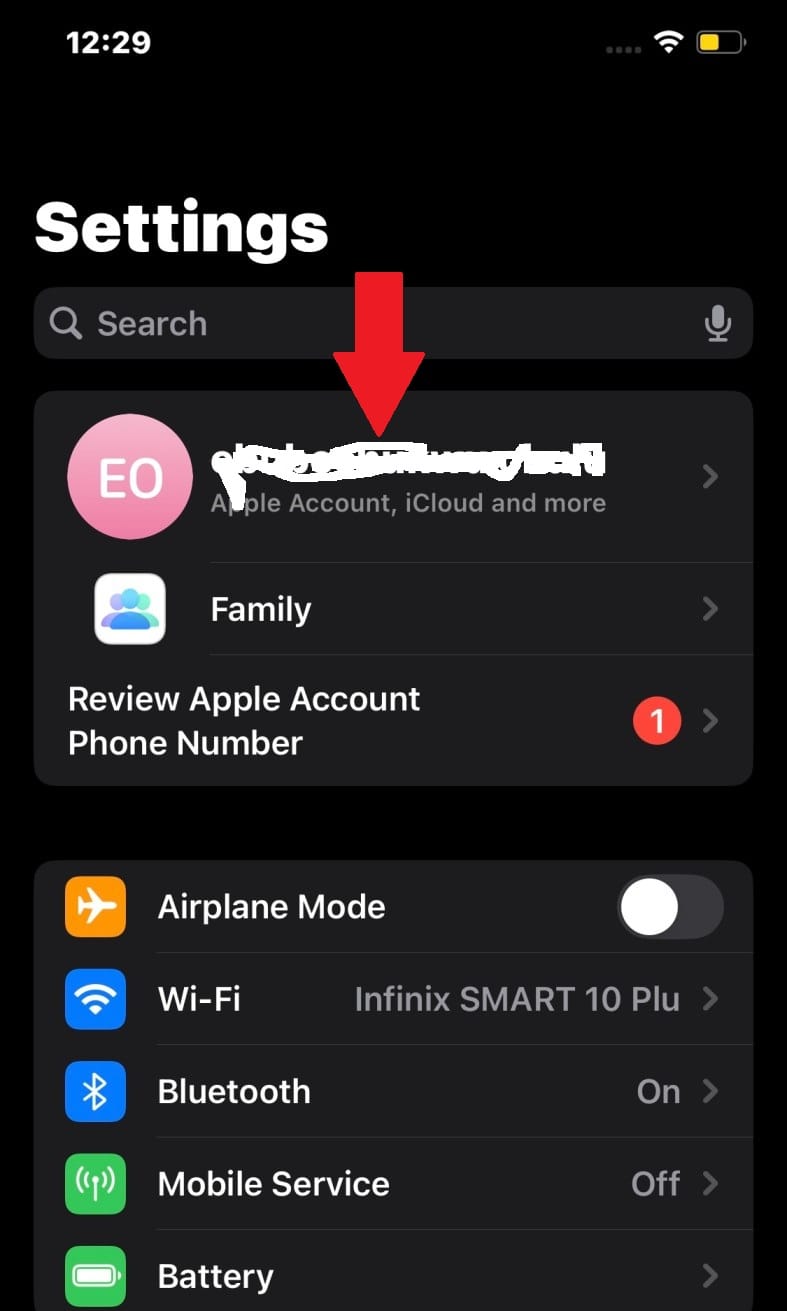 iPhone Settings menu showing the Apple ID name at the top