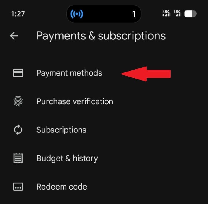 Google Play Payments and subscriptions screen showing the Payment methods option