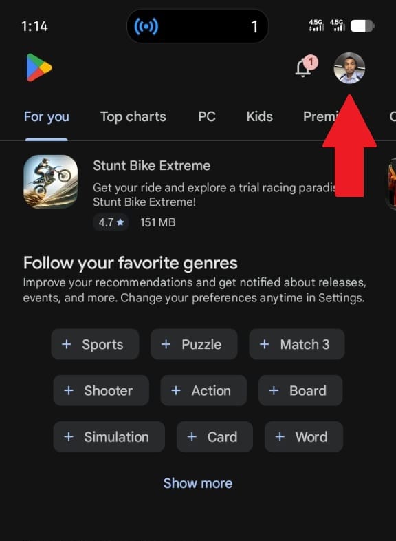 Google Play Store screen showing the profile icon in the top-right corner