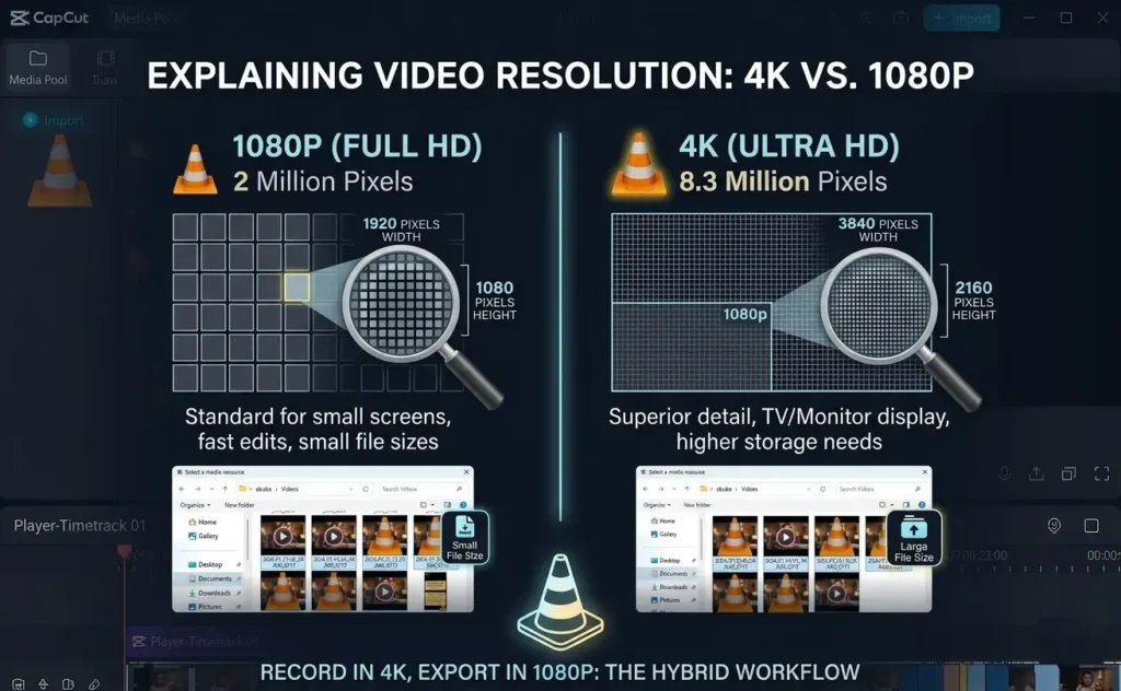An infographic comparing 4K vs 1080p resolution, illustrating pixel count, detail levels, and storage implications with magnifying glass details and file browser examples.