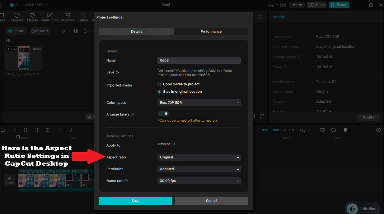 Aspect ratio settings in CapCut Desktop