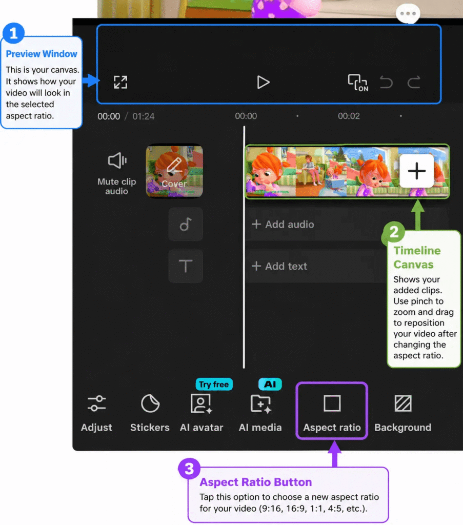 Screenshot of the CapCut mobile editor showing where to tap the Aspect Ratio button. The image highlights the preview window, video timeline, and Aspect Ratio option used to change a video's canvas size for TikTok, YouTube, Instagram, and other platforms