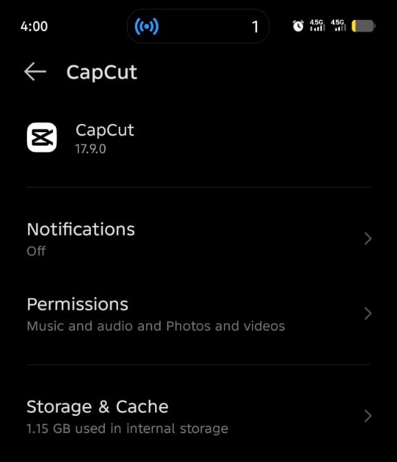 Screenshot of the CapCut app info screen on Android, showing the app version (17.9.0), Notifications toggle (Off), Permissions section (Music and audio, Photos and videos), and Storage & Cache usage (1.15 GB in internal storage).