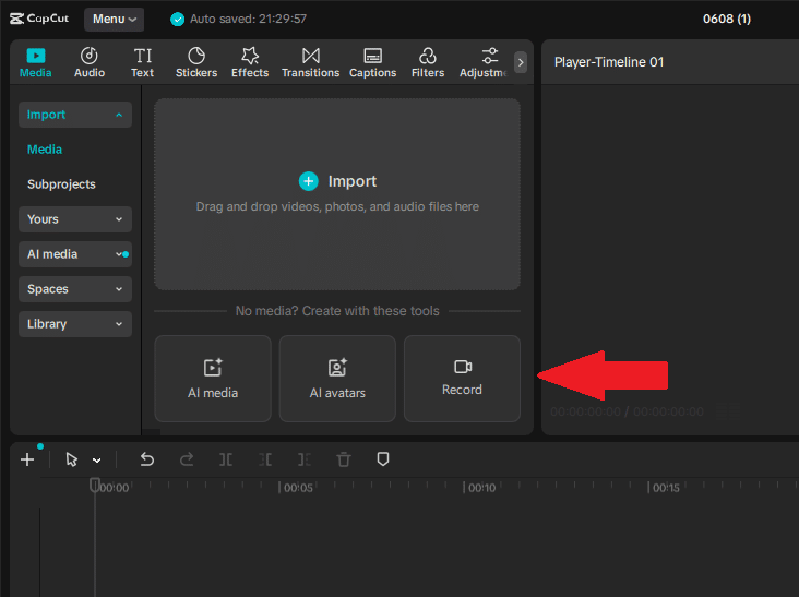 CapCut Record Button Location on CapCut Desktop Interface