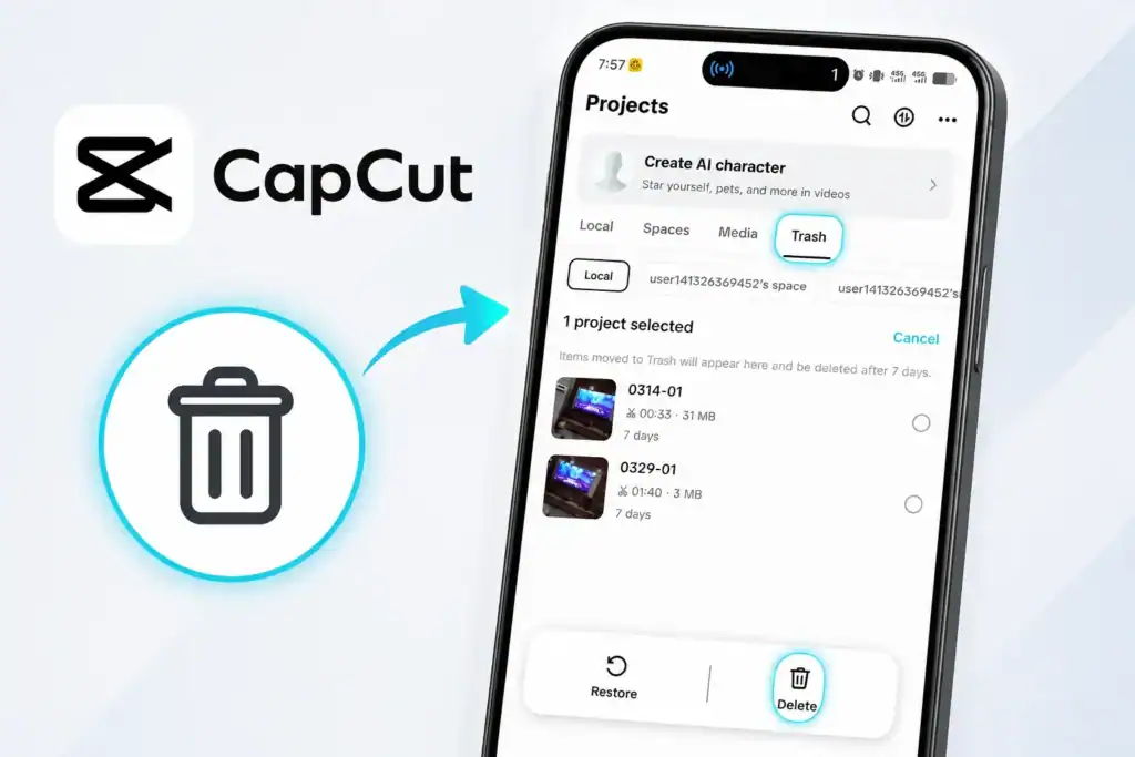 CapCut Trash screen showing deleted projects with the Trash tab and Delete option highlighted, alongside the CapCut logo and a large trash icon.