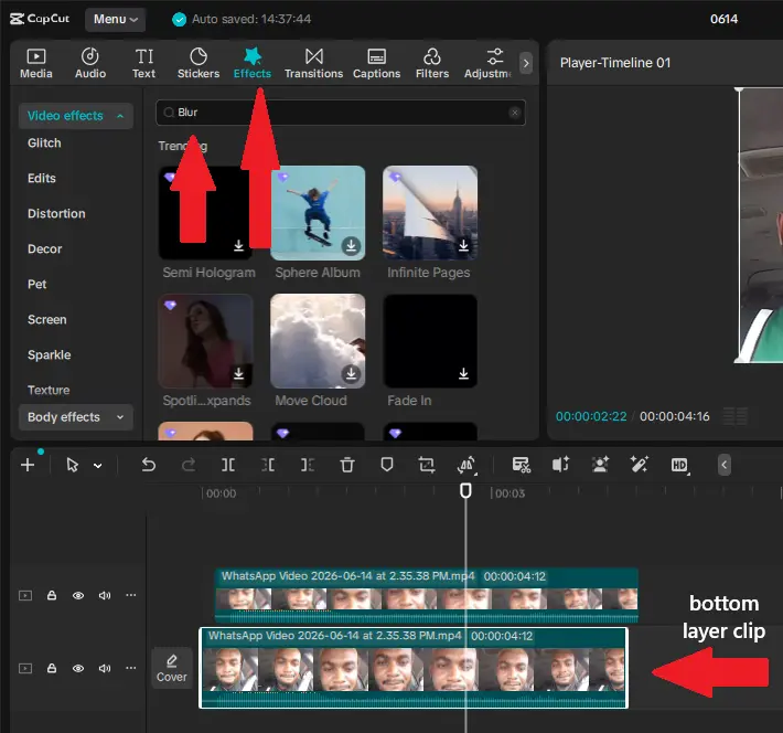 CapCut Blur Faces Effect setting on Desktop