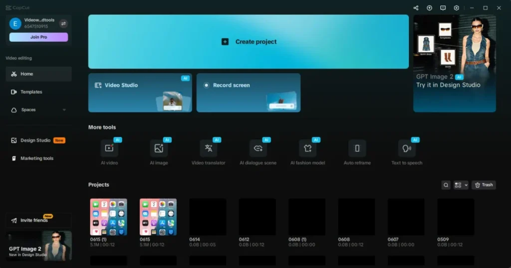 CapCut desktop home screen showing the Create Project button and personal video drafts, with no social feed or notifications