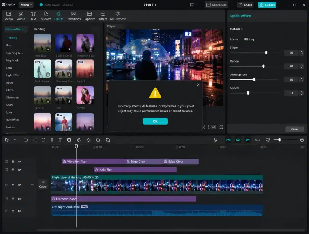CapCut editing timeline with multiple video effects, AI features, keyframes, and stacked layers that can slow editing or cause export failures