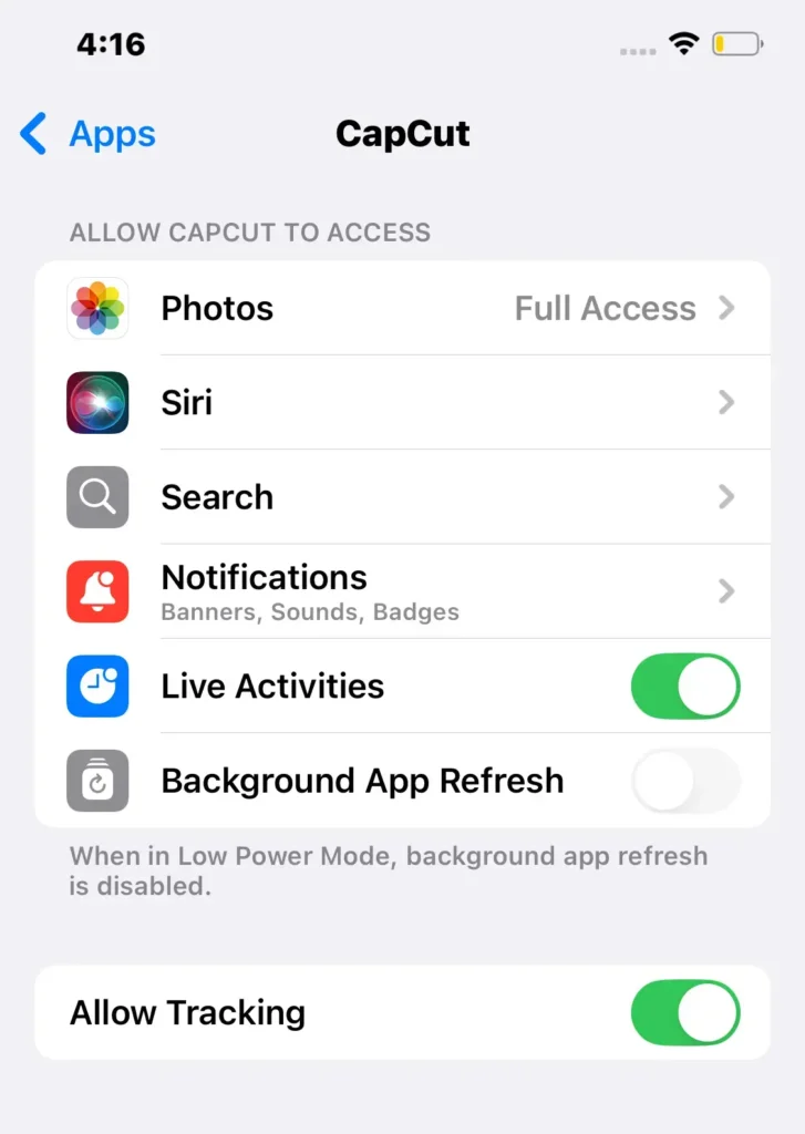 CapCut iPhone permission settings screen