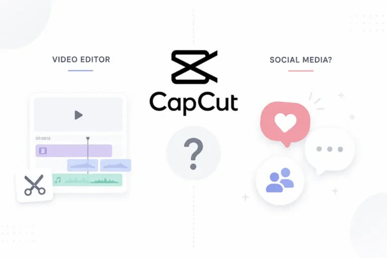CapCut logo between video editing tools and social media icons illustrating whether CapCut is considered social media.