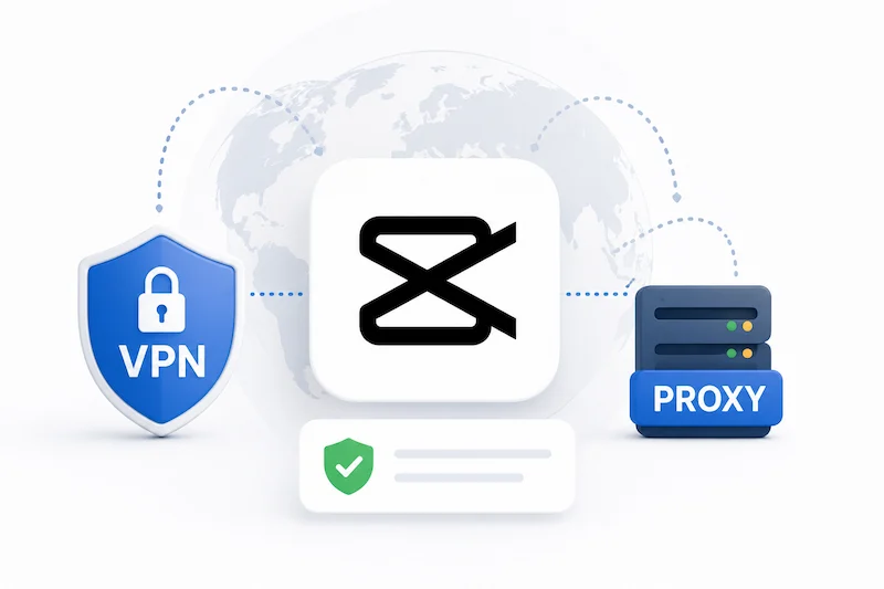 CapCut logo connected to VPN and proxy icons