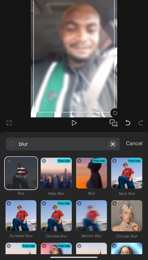 CapCut mobile editing timeline, with a blured face clip