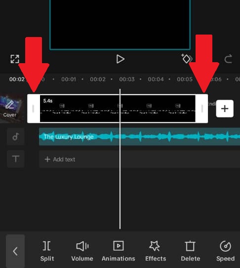 CapCut timeline showing a selected video clip with its beginning and ending edges highlighted by red arrows, indicating where to drag to trim unwanted footage from the start or end of the clip.