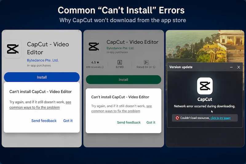 Examples of CapCut installation errors on Android and desktop, including "Can't install CapCut" and download network error messages.