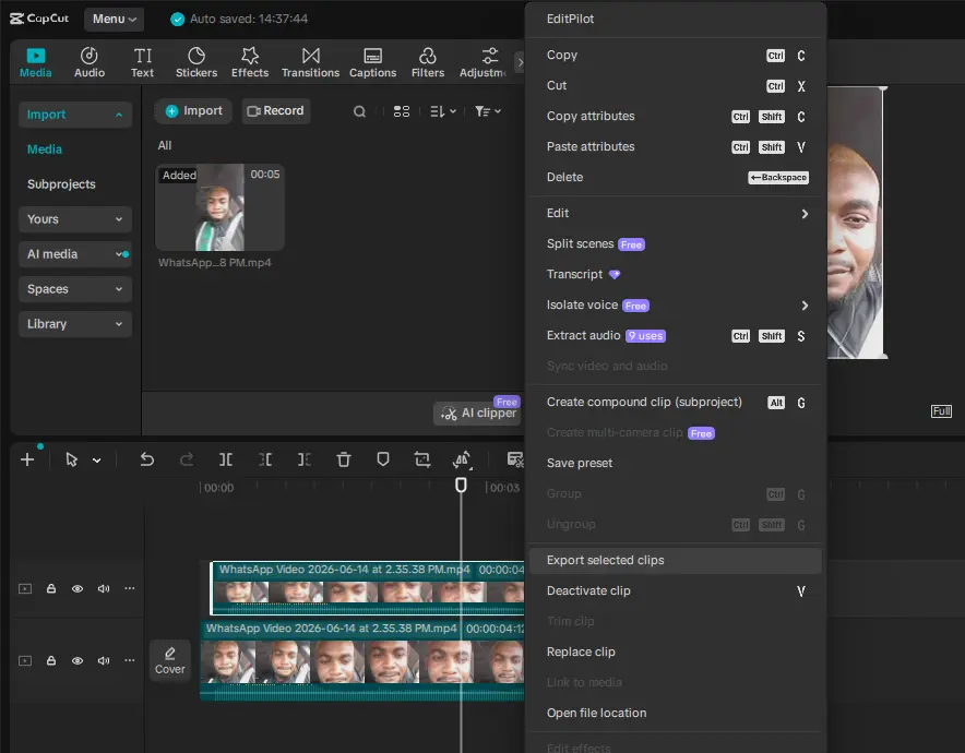 CapCut Desktop editing timelne, with a duplicated clip