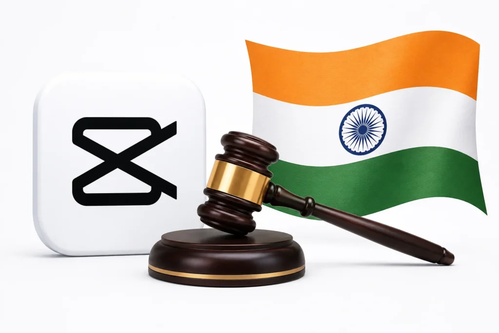 CapCut logo beside a judge's gavel and the Indian flag representing the CapCut ban in India.
