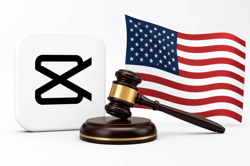CapCut logo beside a judge's gavel and the United States flag