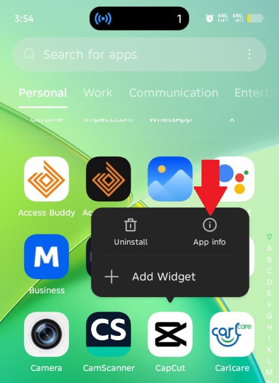 Screenshot of an Android home screen showing a context menu that appeared after long-pressing an app icon. The menu displays three options: "Uninstall," "App info" (highlighted by a red arrow), and "Add Widget." The CapCut app icon is visible in the row below the menu.