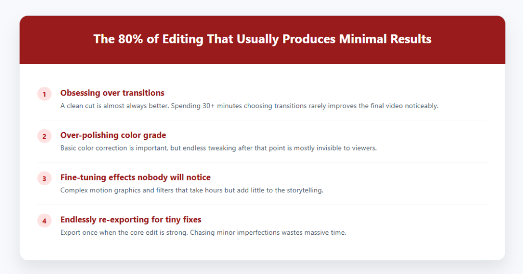 List of low-impact activities in video editing that usually waste time according to the 80/20 rule: transitions, over-polishing color, unnecessary effects, and endless re-exporting
