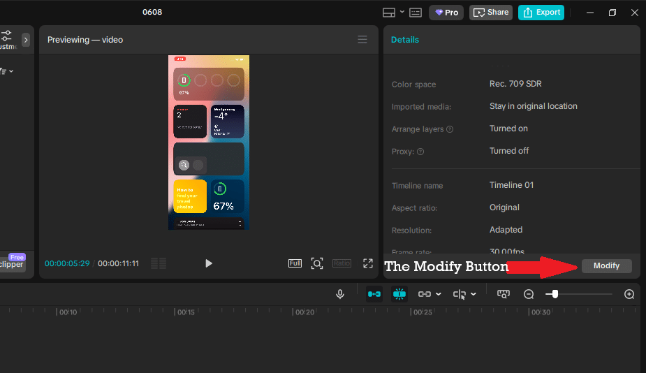Modify button in CapCut Desktop