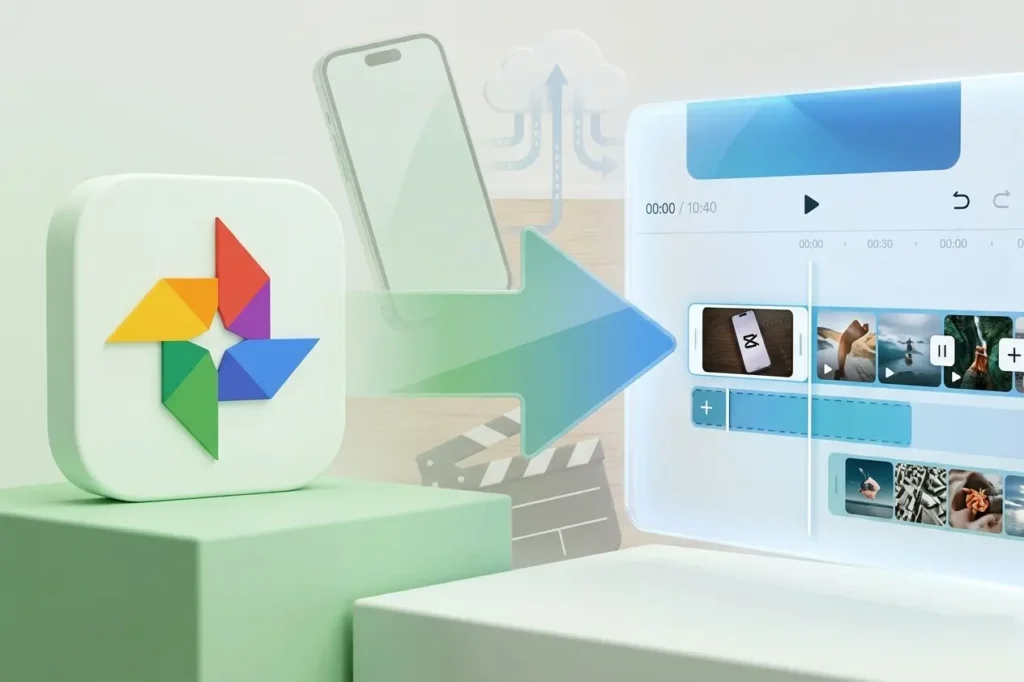 A 3D Google Photos pinwheel icon with a green arrow pointing into a CapCut video editing timeline interface