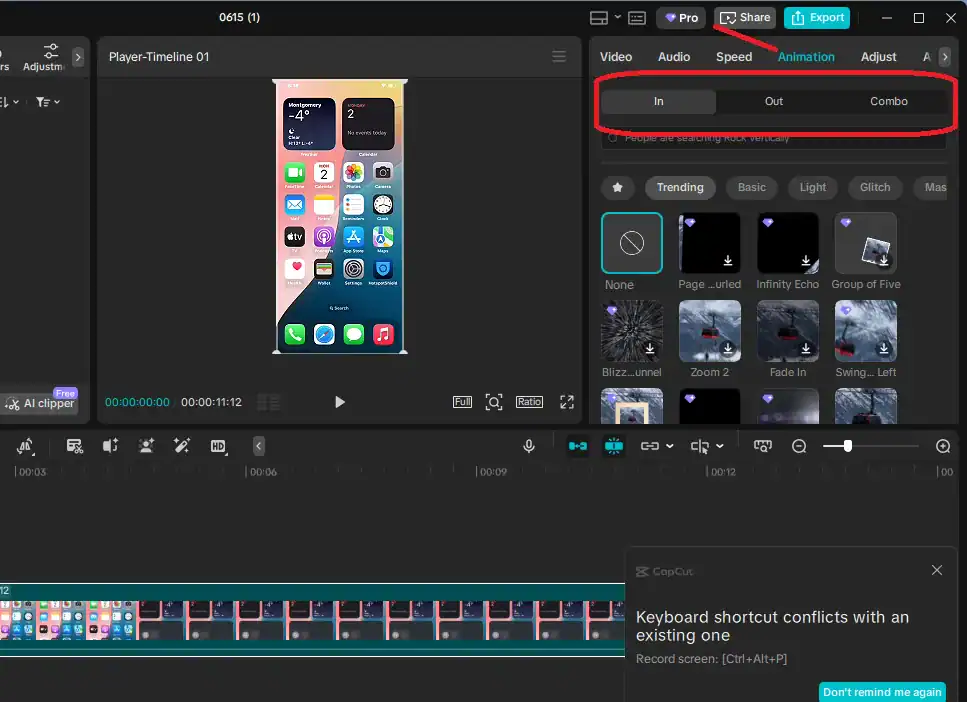 CapCut Animation tab with the In category selected, showing the Fade In preset on the timeline
