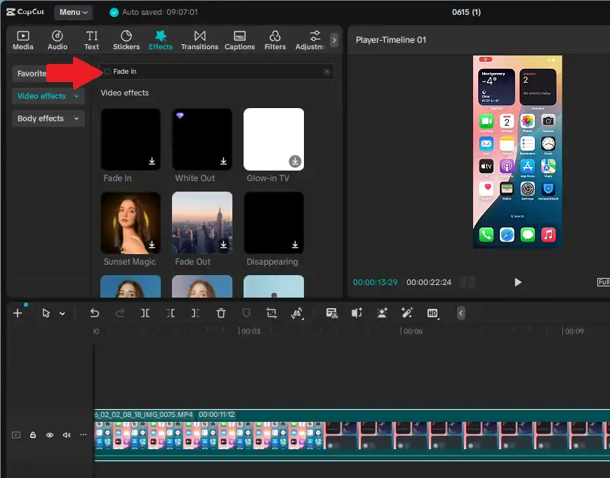 CapCut Effects panel with "Fade in" typed into the search bar, showing the Fade In video effect as a standalone result
