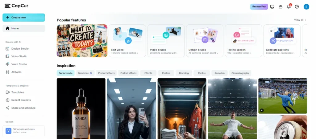 CapCut's Inspiration feed showing trending templates and creator content organized by category including social media, effects, and branding
