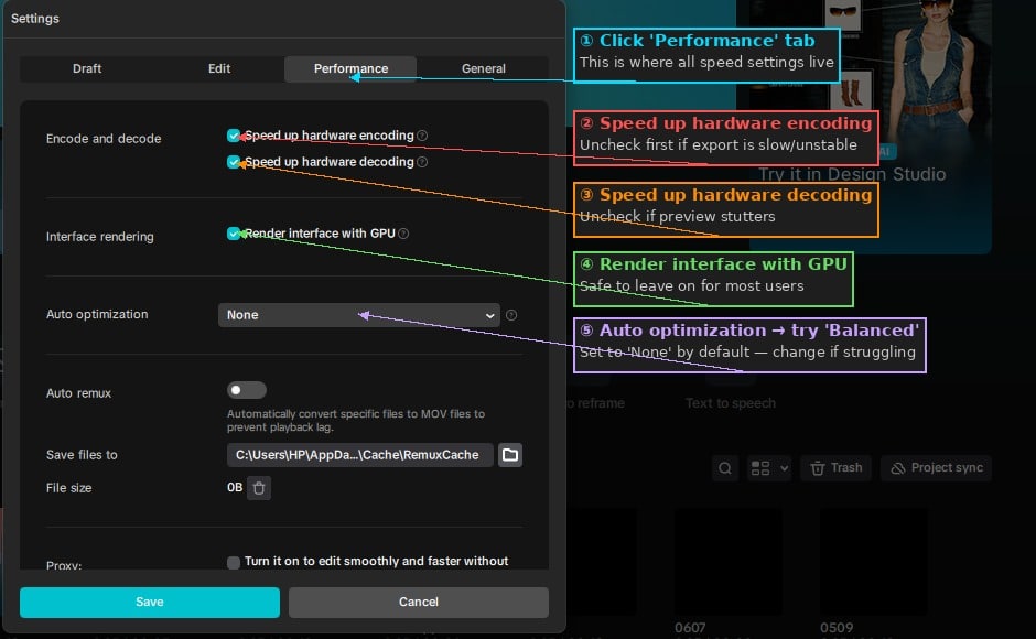 CapCut Desktop Performance settings showing hardware encoding, decoding and GPU rendering options
