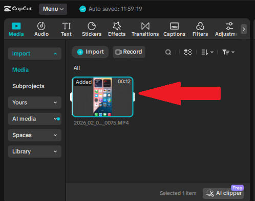 Select imported video in CapCut Desktop