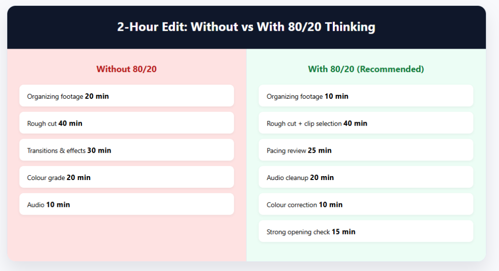 Comparison chart showing how a 2-hour video edit changes when using the 80/20 rule versus traditional editing