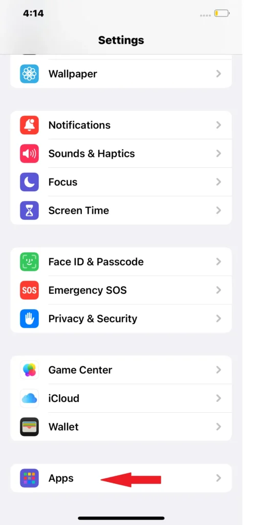 iPhone setting screen showing Apps button