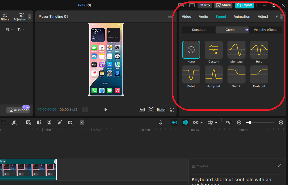 CapCut Desktop speed curve and velocity settings