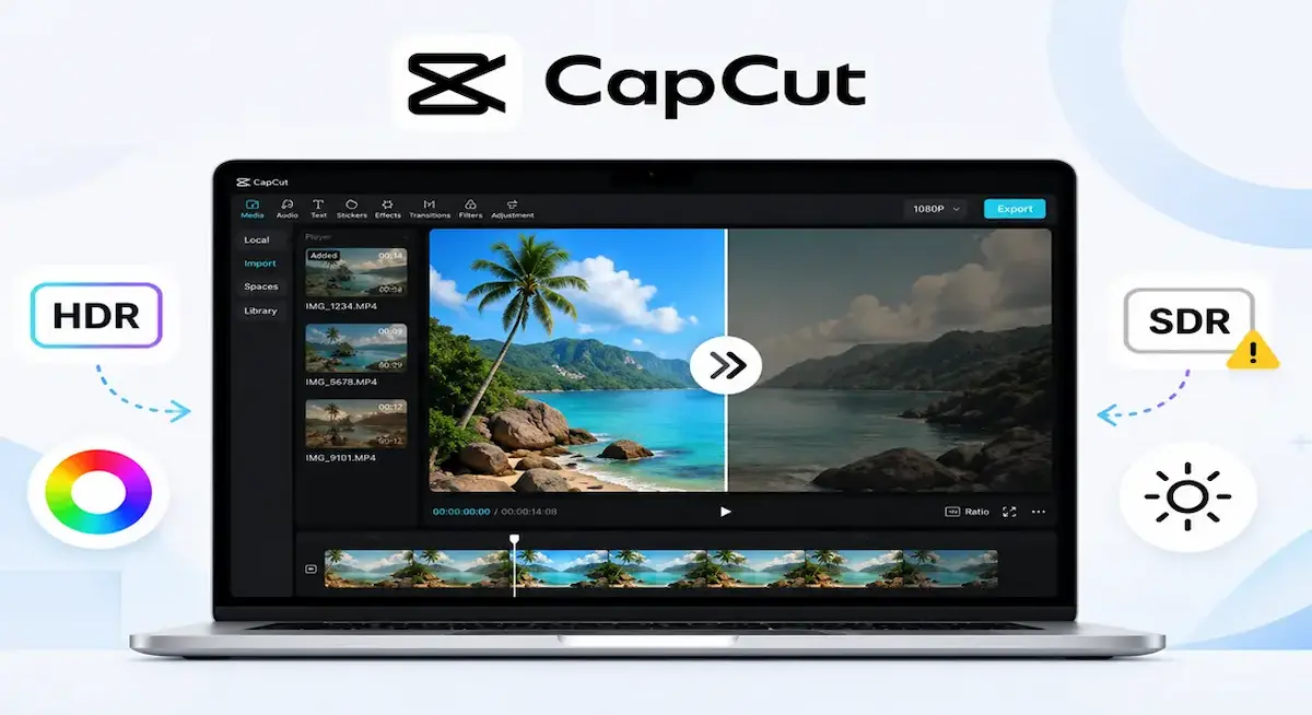 CapCut desktop Editing timeline with HDR and SDR settings