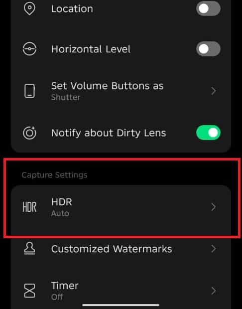 HDR setting on Android Camera Settings